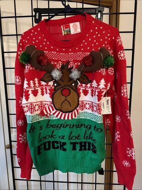 Spencer's Red, Green & White Novelty Reindeer Crewneck Sweater